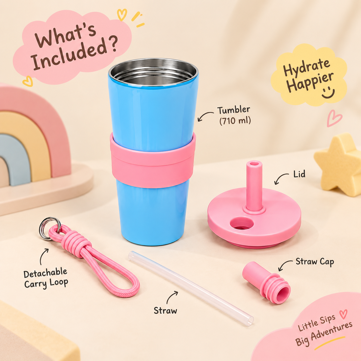 Stainless Steel Kids Tumbler with Straw & Detachable Carry Loop Blue, 710 ml