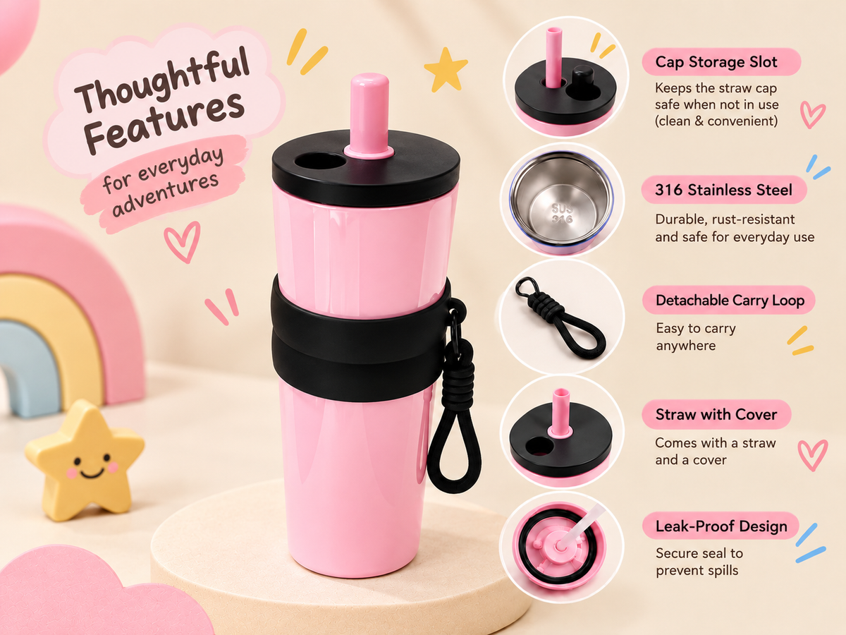 Stainless Steel Kids Tumbler with Straw & Detachable Carry Loop Pink, 710 ml