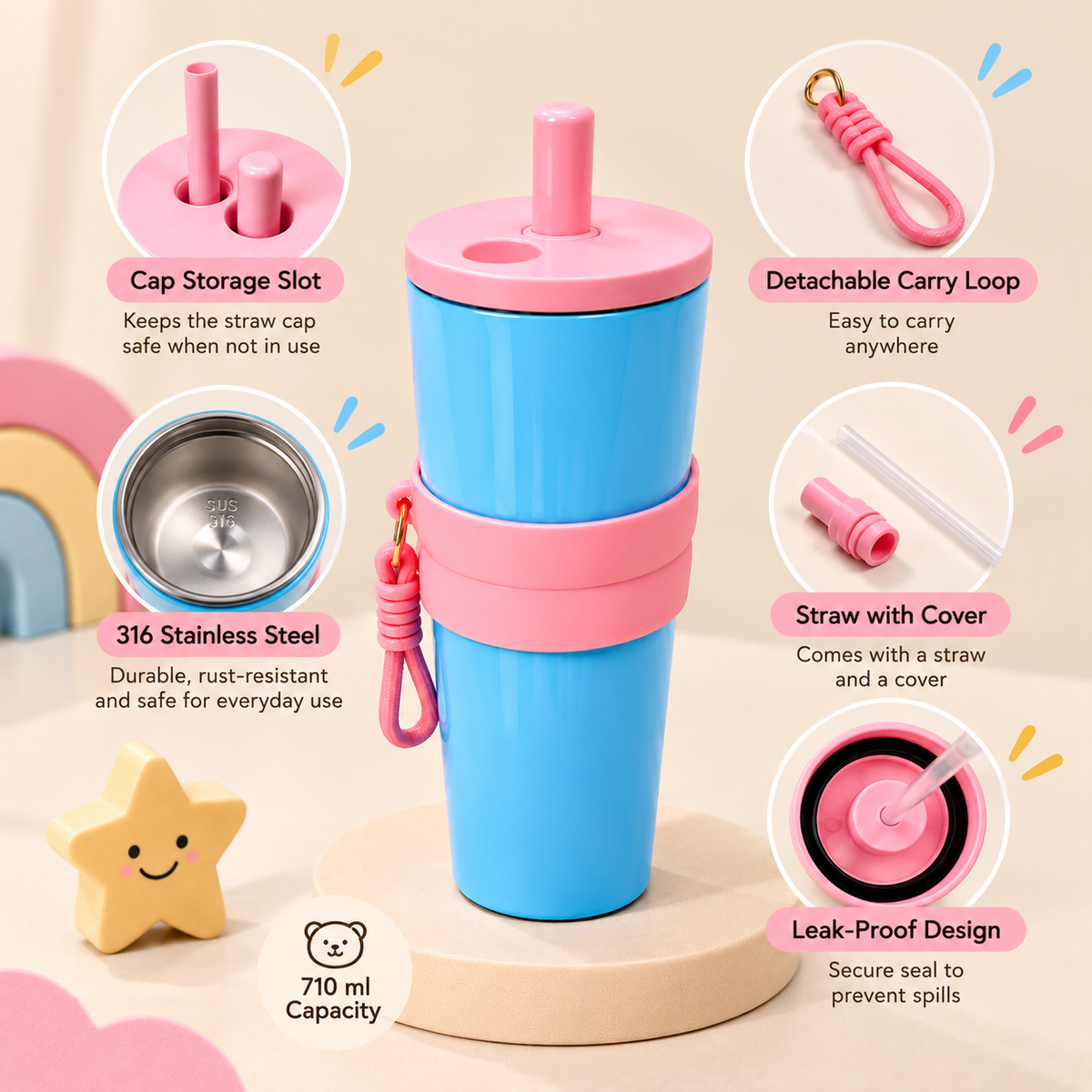 Stainless Steel Kids Tumbler with Straw & Detachable Carry Loop Blue, 710 ml