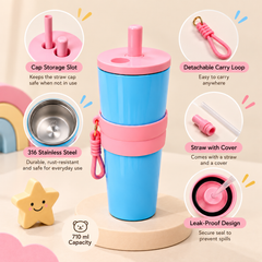 Stainless Steel Kids Tumbler with Straw & Detachable Carry Loop Blue, 710 ml