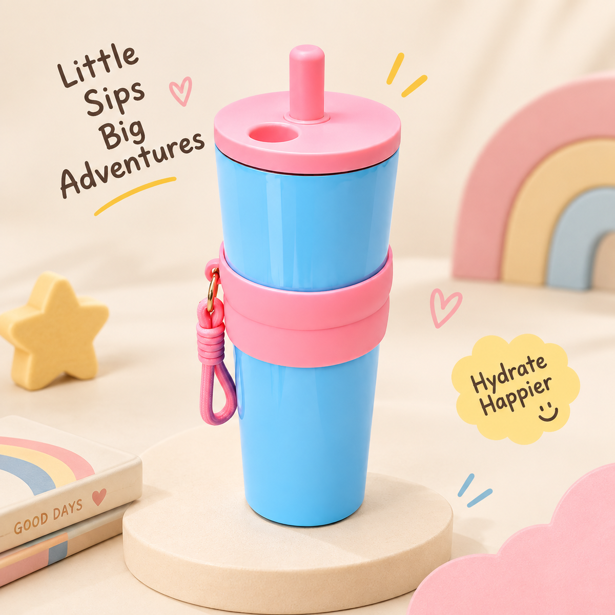 Stainless Steel Kids Tumbler with Straw & Detachable Carry Loop Blue, 710 ml