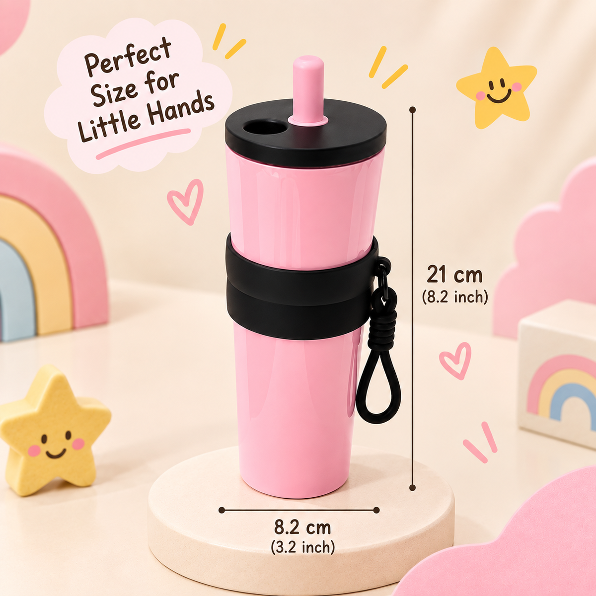 Stainless Steel Kids Tumbler with Straw & Detachable Carry Loop Pink, 710 ml