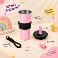 Stainless Steel Kids Tumbler with Straw & Detachable Carry Loop Pink, 710 ml