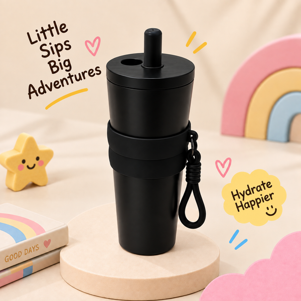 Stainless Steel Kids Tumbler with Straw & Detachable Carry Loop Black, 710 ml